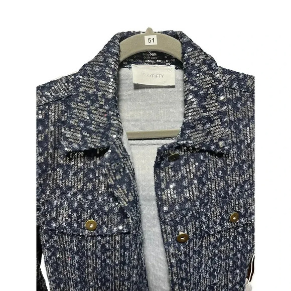 Six Fifty Boutique Pixie Jacket Denim Blue Sequin NWT Size Small - Picture 3 of 6